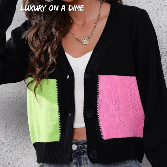 Color Block Cropped Classic Knit Button Front Long Sleeve Casual Cardigan Bright - Picture 2 of 8
